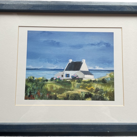 Unique Cottage by the Sea Scene Print Blue Frame19” 14” - Picture 7 of 7